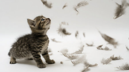 A kitten trying to catch falling feathers on a white backgroundの素材