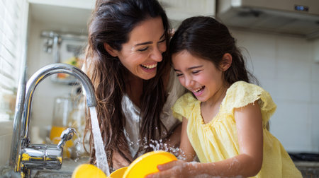 A mother and daughter laughing while washing dishes together, water splashing playfullyの素材