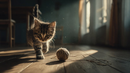 A playful kitten chasing a yarn ball on a wooden floor with natural lightの素材