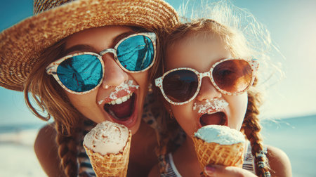 A mother and daughter enjoying ice cream cones on a sunny day, smiling with sticky facesの素材