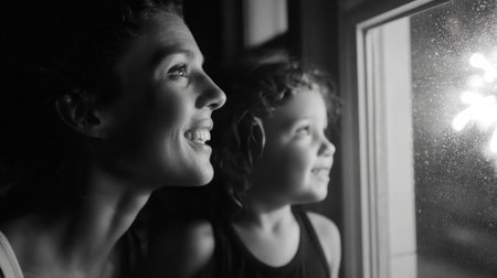 A mom and daughter watching fireworks from a window, sharing a quiet smile of wonderの素材