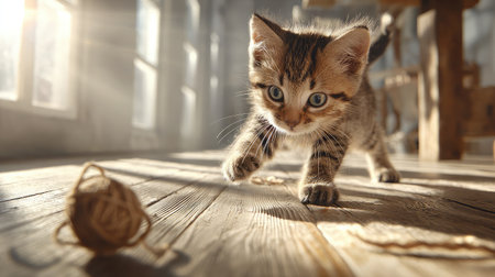 A playful kitten chasing a yarn ball on a wooden floor with natural lightの素材