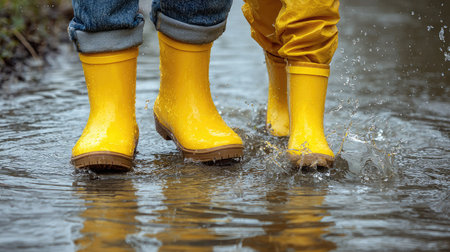 A mother and daughter splashing in puddles together after the rain, boots on and grinningの素材