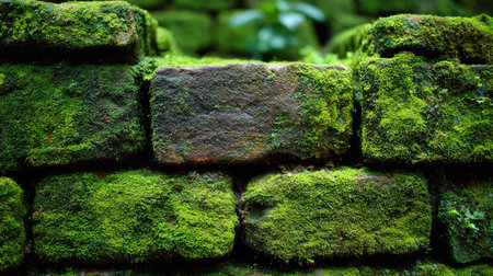 Moss-covered stone wall with rich green texture creating an earthy backgroundの素材