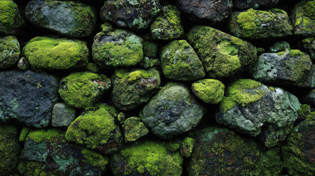 Moss-covered stone wall with rich green texture creating an earthy backgroundの素材