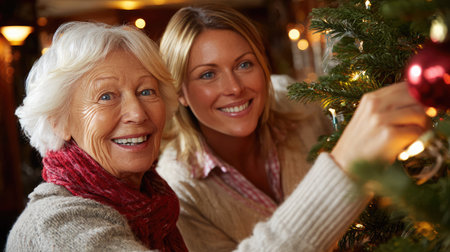 Mother and daughter preparing holiday decorations together, stringing lights and smiling brightlyの素材