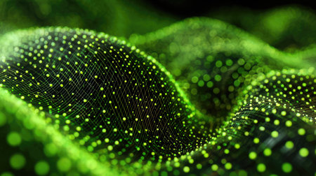 Green grid mesh background giving a futuristic digital impressionの素材