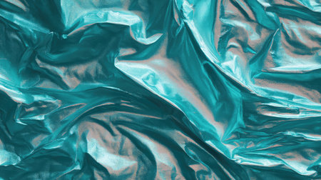 Shiny green foil crinkled to create a unique, reflective background surfaceの素材