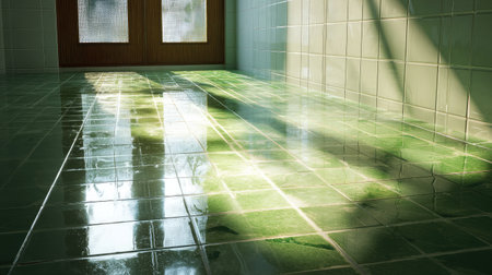 Smooth glossy green tile surface reflecting light in subtle patternsの素材
