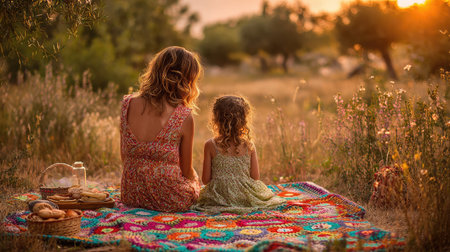 Mom and daughter enjoying a picnic on a grassy field with a colorful blanket and homemade snacksの素材