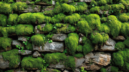 Moss-covered stone wall with rich green texture creating an earthy backgroundの素材