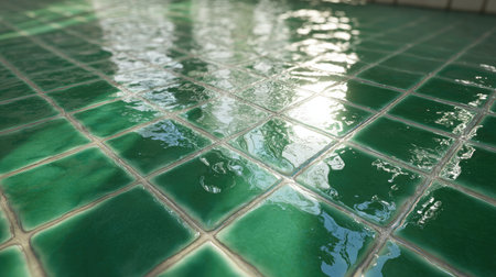 Smooth glossy green tile surface reflecting light in subtle patternsの素材