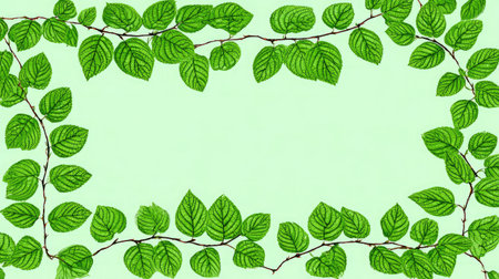 Leafy frame border around a green central background space for design insertionsの素材