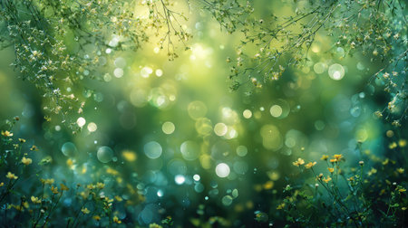 Soft bokeh green background with light spots imitating nature and spring vibesの素材