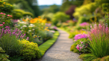 Soft, blurry garden image in vibrant green tones serving as a background for overlaysの素材