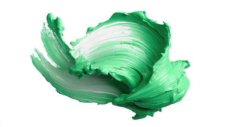 Vibrant abstract splash of green paint on a white background creating a fresh toneの素材