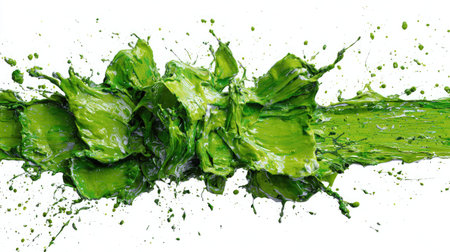 Vibrant abstract splash of green paint on a white background creating a fresh toneの素材