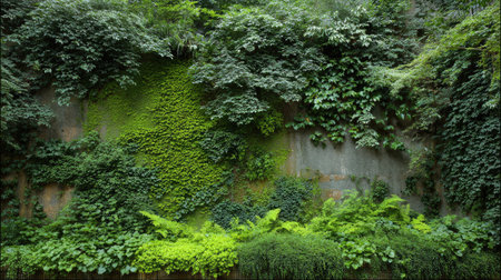 Wall of ivy in different shades of green creating a dense botanical textureの素材
