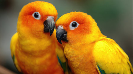 Two parrots perched closely, beaks touching gently like they're sharing a secretの素材
