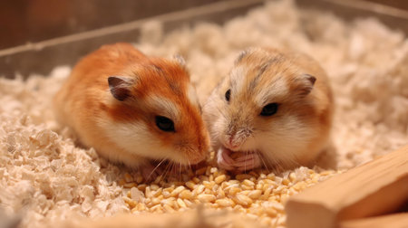 Two small hamsters nibbling on seeds in a glass enclosure with wooden beddingの素材