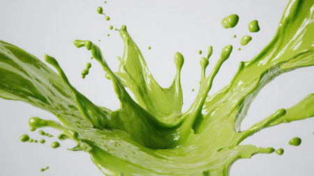 Vibrant abstract splash of green paint on a white background creating a fresh toneの素材