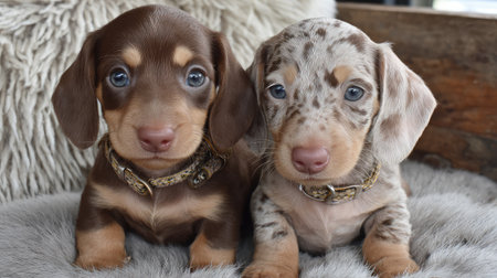 Two dachshund puppies sitting side by side with matching collars on a soft cushionの素材