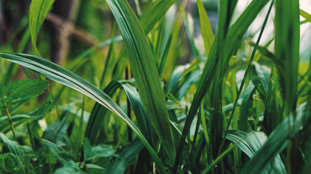 Vivid green grass in close-up, creating a textured and lively natural backgroundの素材