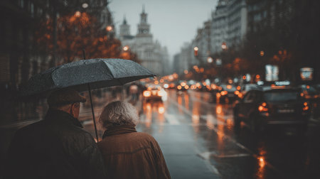 A man offers his umbrella to a woman as they stand close together on a rainy morning streetの素材
