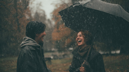A man gently holds an umbrella as a woman laughs beside him, rain softly falling around themの素材
