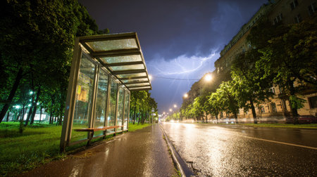 Flash of lightning in the distance behind a drenched city bus stop under night skyの素材