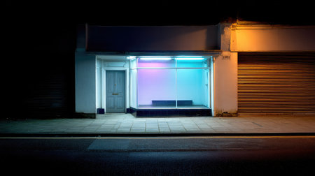 A quiet neon-lit shop window glowing in purple and cyan on an empty nighttime streetの素材