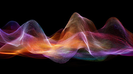 Abstract patterns formed by neon tubes glowing brightly against a pitch-black backgroundの素材