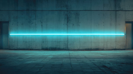 Fluorescent blue neon signage against concrete wall glowing under soft night lightの素材