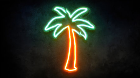 Neon outline of a palm tree glowing against a black background with retro beach vibesの素材