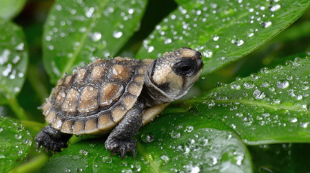 A baby turtle resting on a leaf with water droplets glistening nearbyの素材
