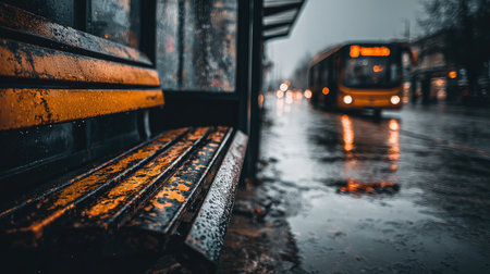 Worn metal bench at a bus stop glistening under heavy rainfall and dark cloudsの素材