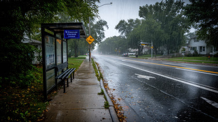 Street view showing bus stop and nearby road signs as rain pours from a steel-gray skyの素材