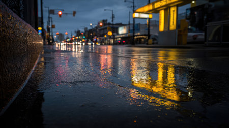 Rainy dusk at a city bus stop, with yellow lights reflecting off the soaked pavementの素材