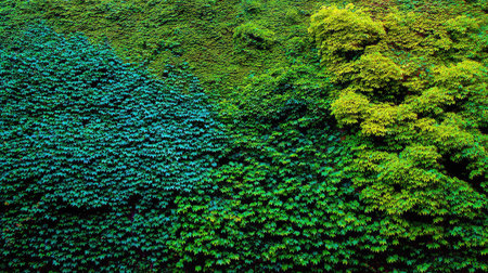 Wall of ivy in different shades of green creating a dense botanical textureの素材