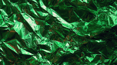 Shiny green foil crinkled to create a unique, reflective background surfaceの素材