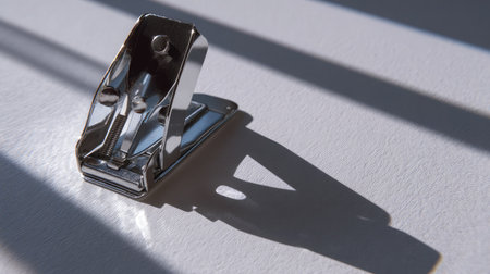 Artistic shot of chrome nail clipper casting dynamic shadow on white backdropの素材