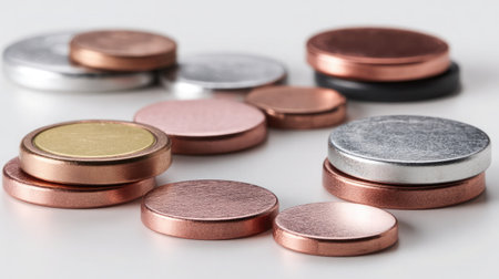 Collection of coin cell batteries scattered on white background with soft lightingの素材