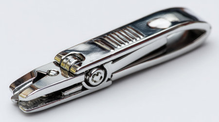 Close-up of a sharp nail clipper fully opened on a bright white background with polished surfaceの素材