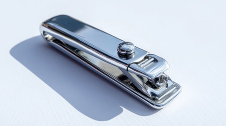 A chrome-finished nail clipper casting a soft shadow on pure white backgroundの素材