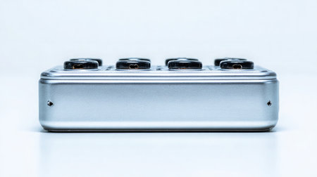 Compact drone battery with visible connector pins placed on white backgroundの素材
