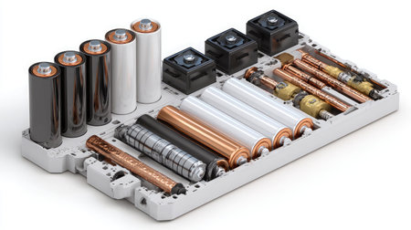 Cross-section model of battery structure rendered as a flat lay on white backgroundの素材