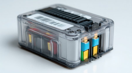 Compact drone battery with visible connector pins placed on white backgroundの素材