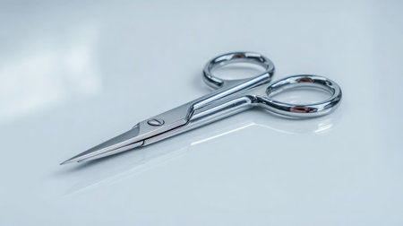 Compact stainless steel scissors positioned neatly against white background with reflectionsの素材