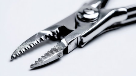 Macro shot of a nail clipper's blade edge against white background showing clean precisionの素材