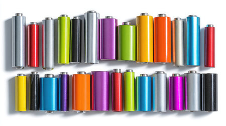 Group of colorful battery wrappers removed and laid flat on a white backgroundの素材